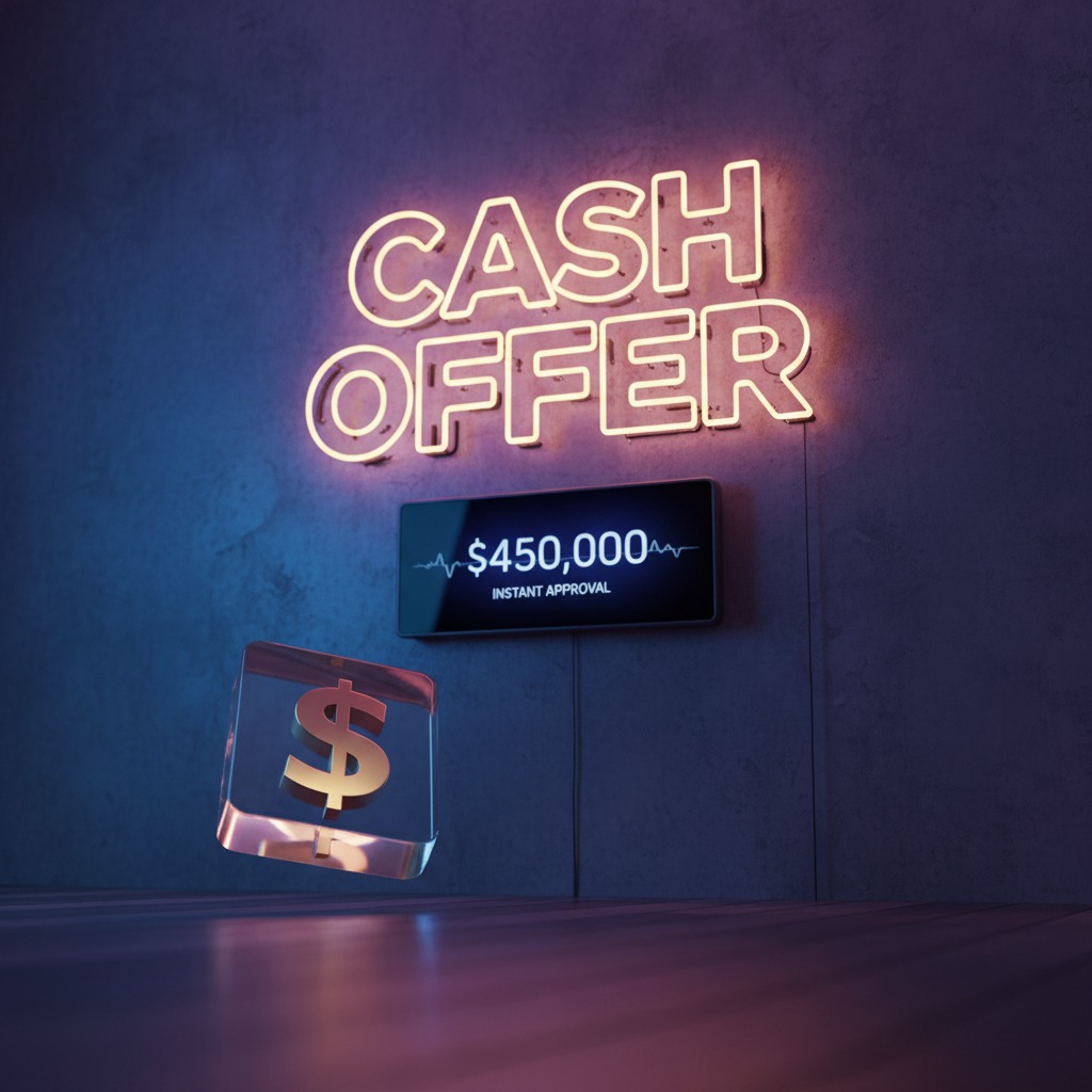 An illuminated neon sign reads CASH OFFER above a screen displaying $450,000 and instant approval.