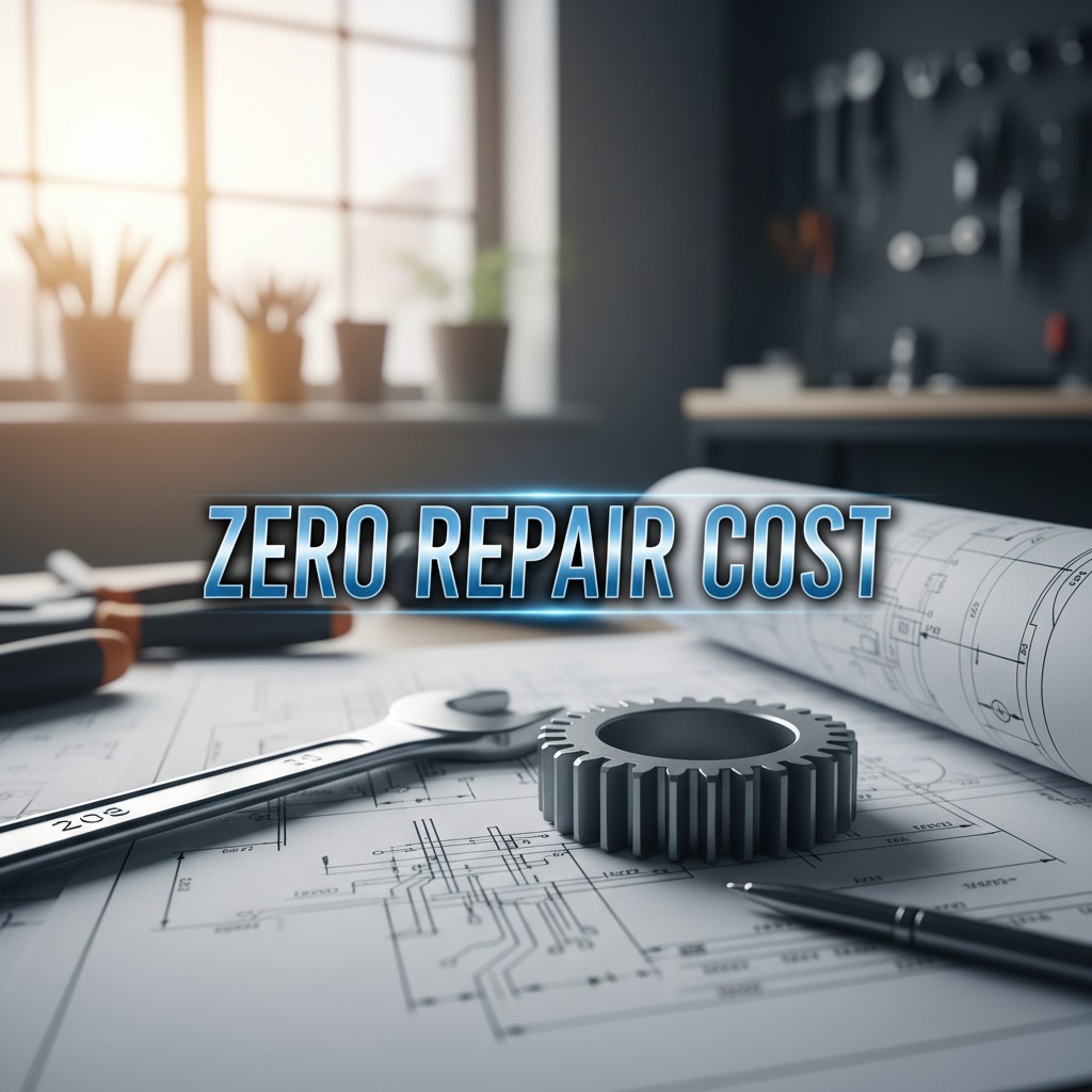 A metal gear and wrench rest on technical blueprints with the text "ZERO REPAIR COST" overlaid in the center.