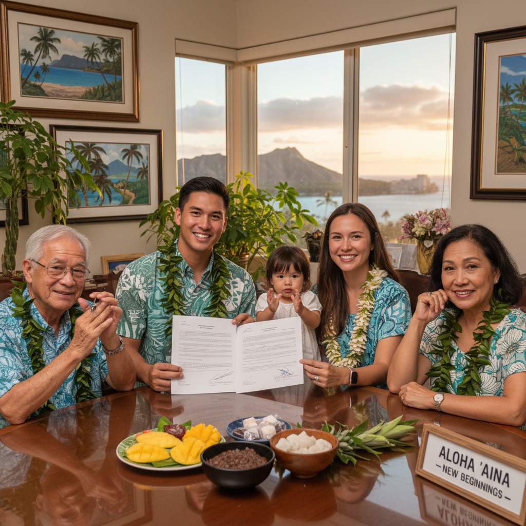 A multi-generational family wearing floral shirts and leis smiles around a dining table holding signed legal documents and traditional Hawaiian foods, with Diamond Head visible through the window behind them.