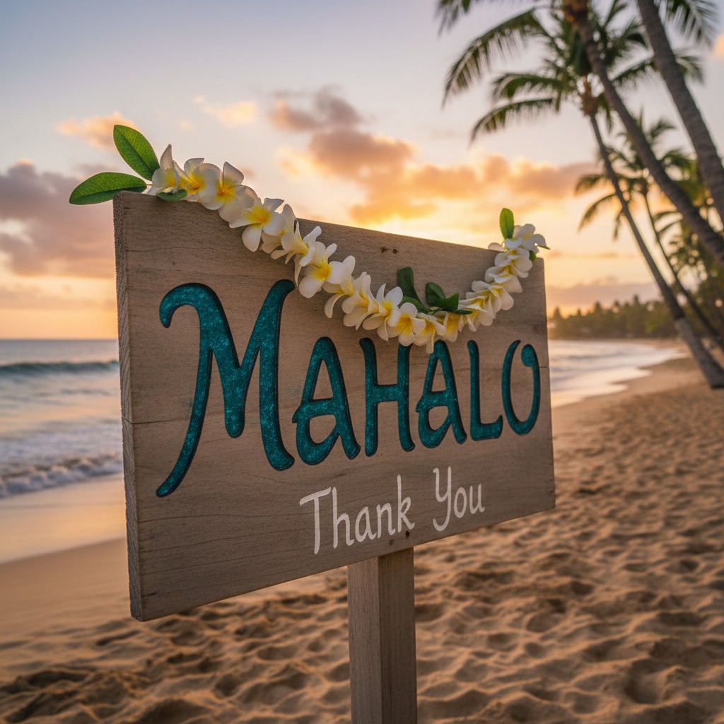 A wooden sign reading Mahalo and Thank You draped with a flower lei stands on a tropical beach at sunset.