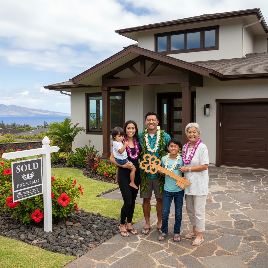 A multi-generational family wearing flower leis stands smiling in front of a new two-story home next to a sold sign.